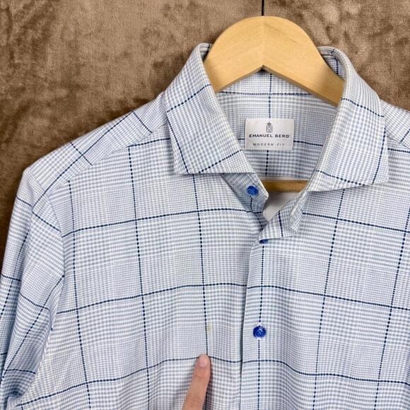Emanuel Berg Modern Fit Checkered Dress Shirt Men M/L Blue White Stretch Soft - Picture 8 of 13